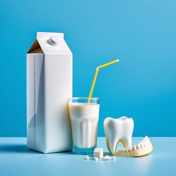 Karton mlijeka zajedno sa čašom i umjetnim zubom